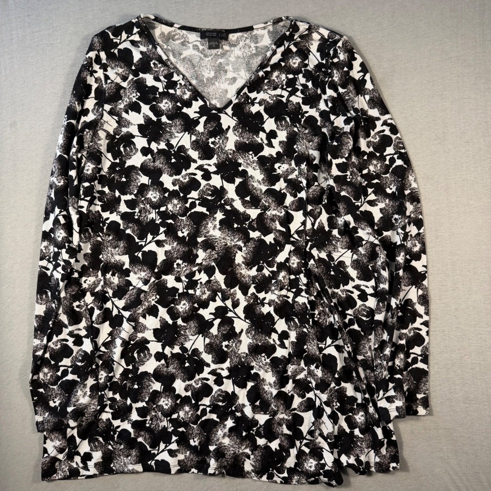 J. Jill Wearever Floral V-Neck Long Sleeve Top Black White XS Rayon Spandex